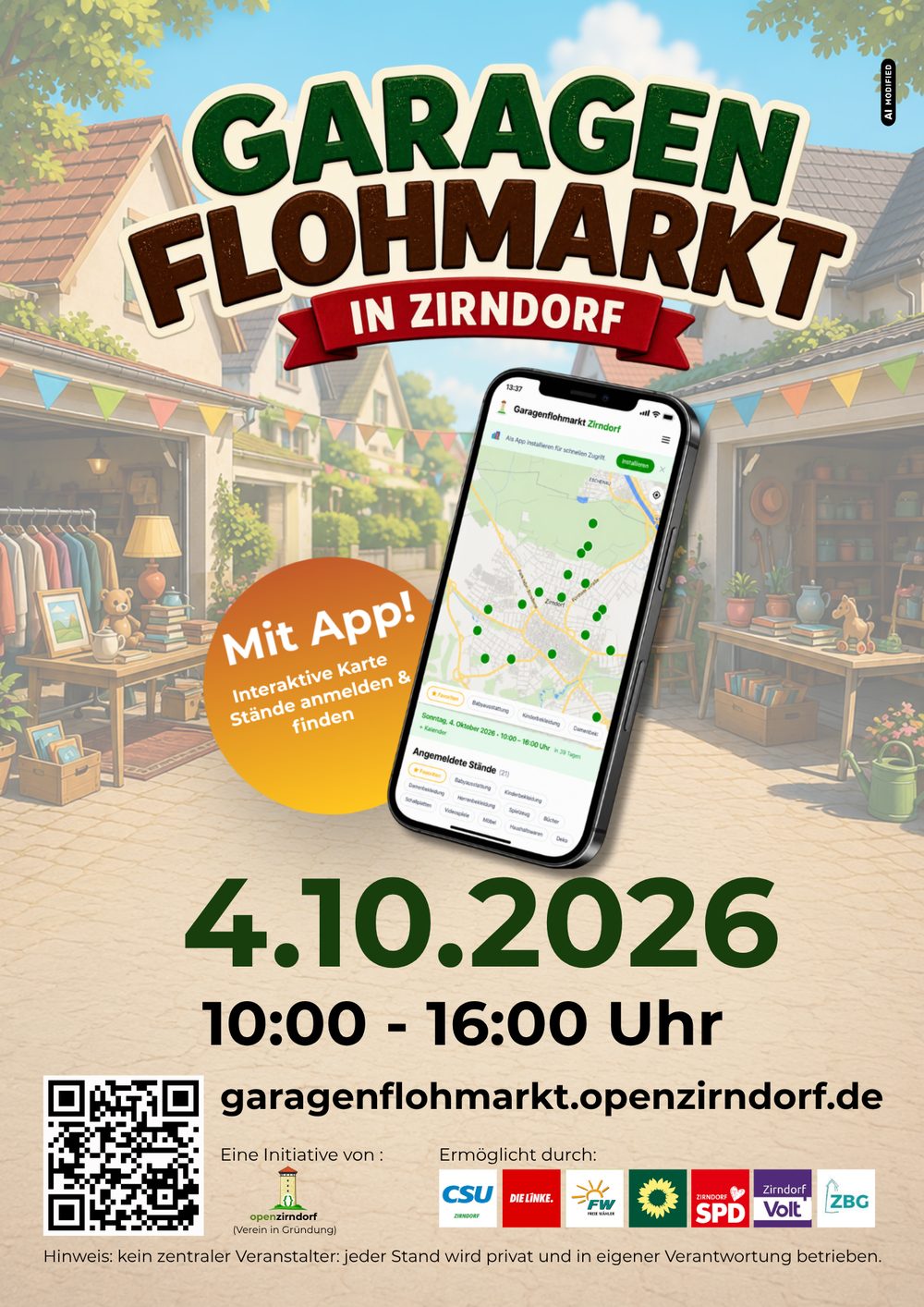 Plakat zum Garagenflohmarkt Zirndorf, DIN A4, mit QR-Code